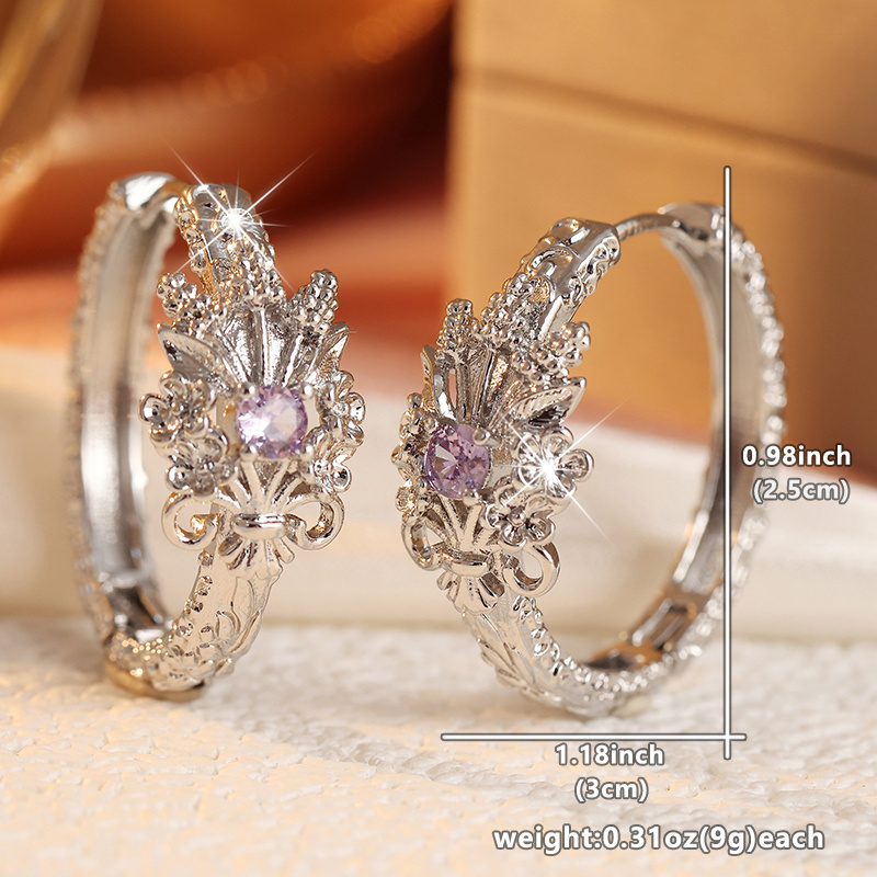 Women's Crown and Flower Shaped Stud Earrings with Purple Zirconia